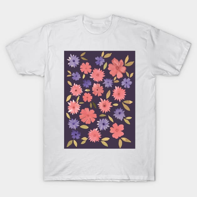 Loose floral - dusty pink on purple T-Shirt by wackapacka